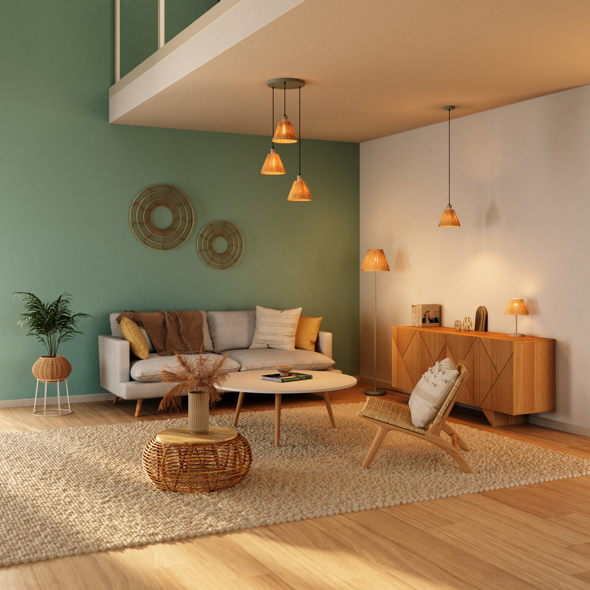 Suspension allumée dans un salon vert, au-dessus d'un canapé et d'un tapis.