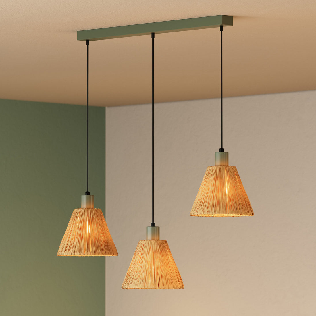 Suspension Raffia verte et marron, 3 lumières, linéaire