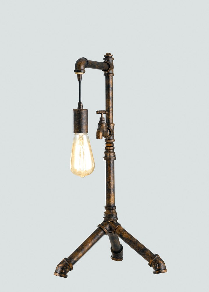 Présentation produit sur fond gris clair avec robinet décoratif et pied tripode
