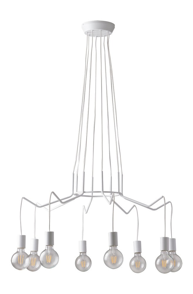 Vue rapprochée du luminaire blanc, détail de la structure métallique et des douilles