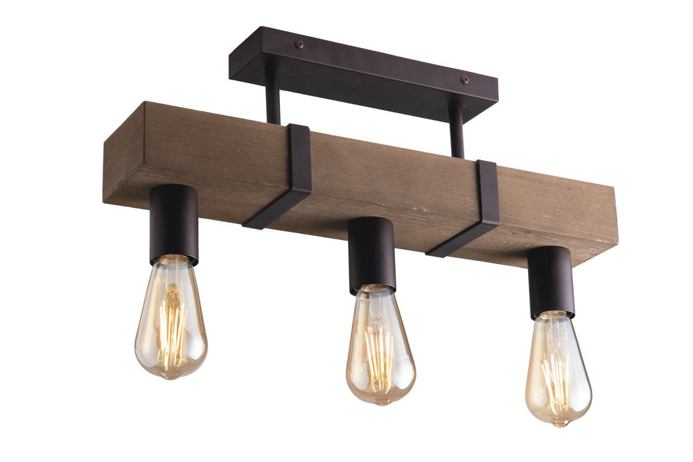 Détail de la finition bois brut et des douilles noires suspendues