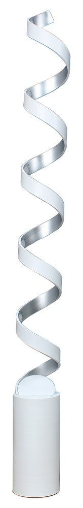 Vue isolée sur fond blanc : lampadaire spiralé argenté et blanc, base cylindrique, éteint.