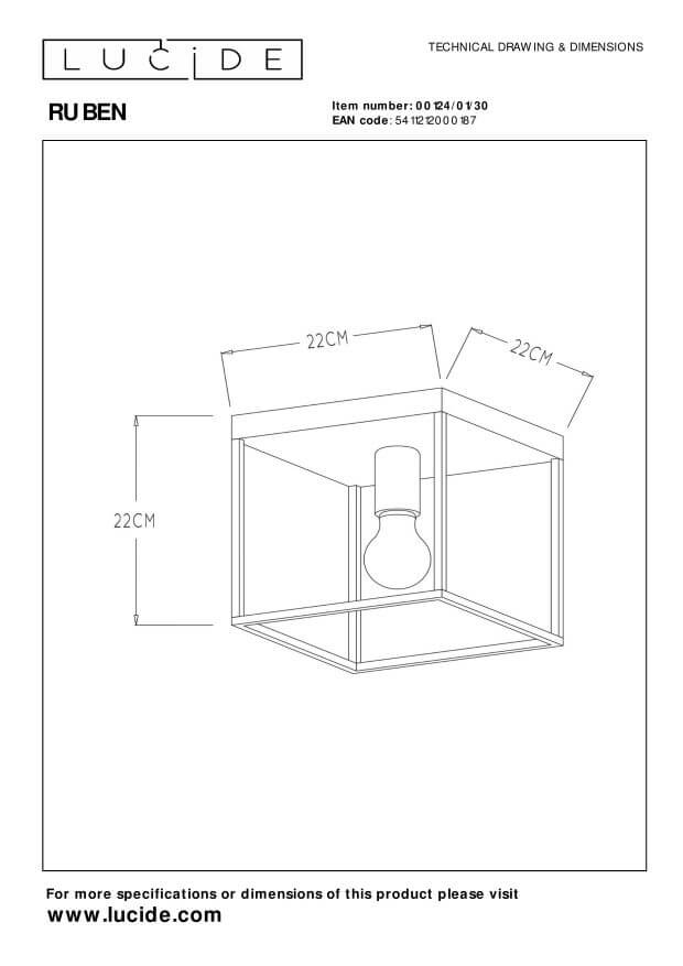 Schéma technique coté du plafonnier cubique avec dimensions 22 cm sur 22 cm.