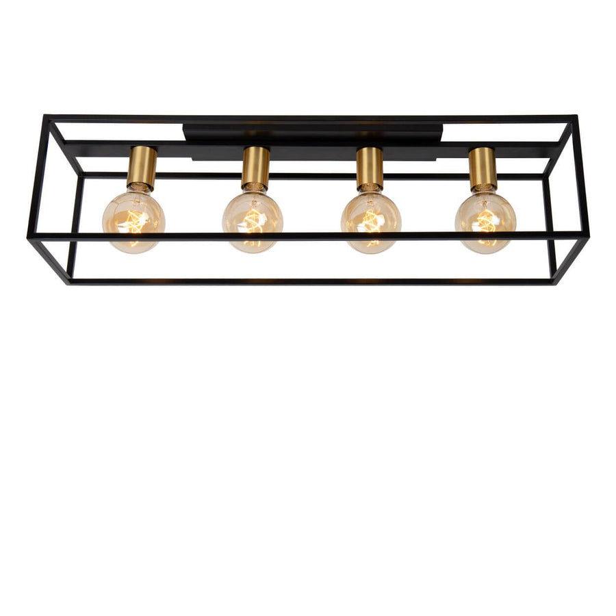 Luminaire présenté de face, cadre noir en cage et quatre ampoules à filament