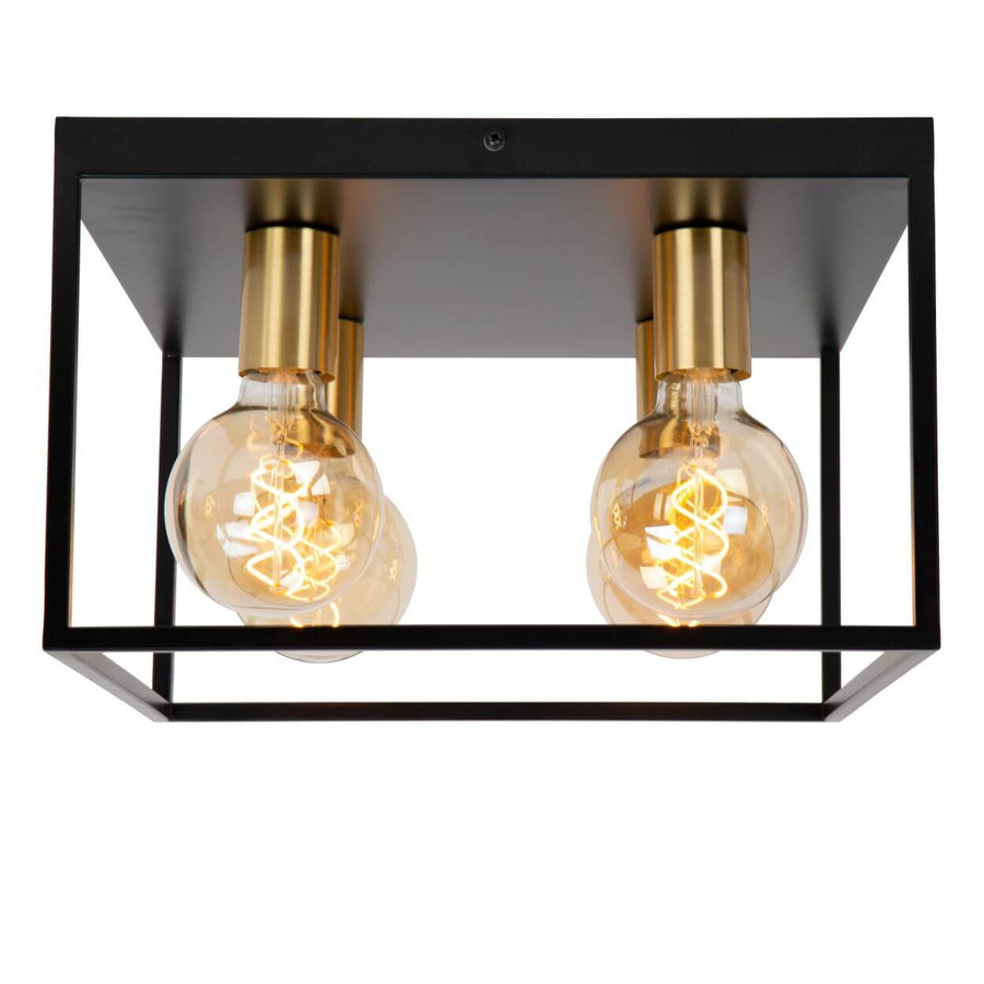 Vue de face du luminaire carré à quatre lumières avec ampoules à filament