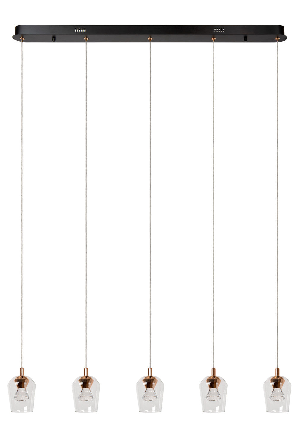 Le luminaire entier de face sur fond blanc, soulignant l'espacement régulier des cinq suspensions.