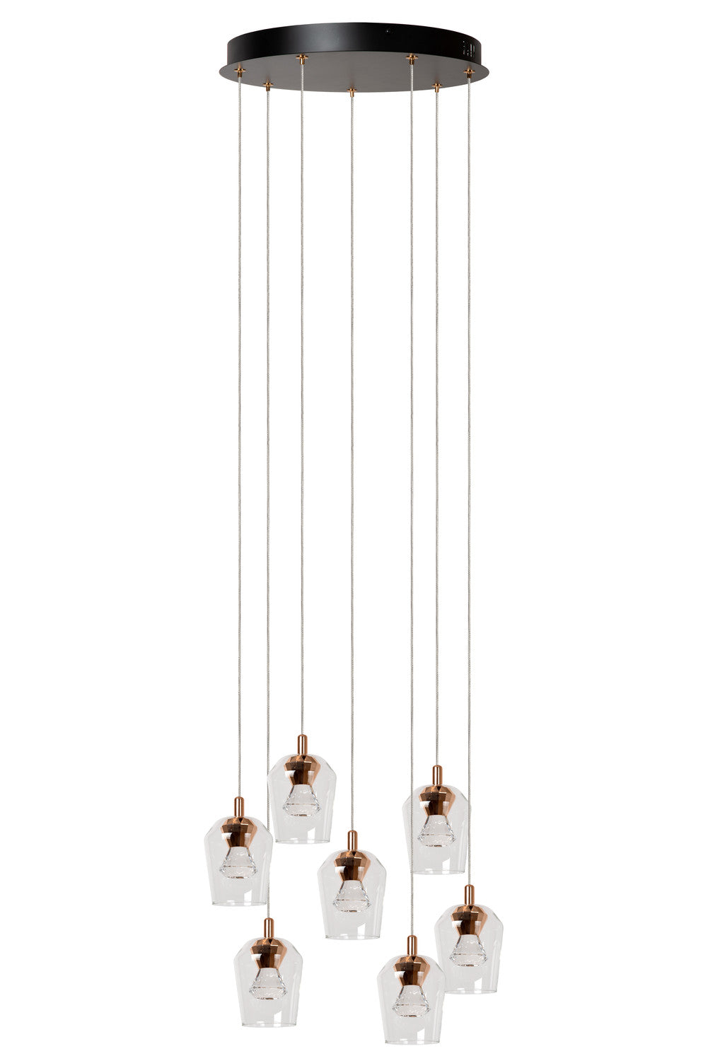 Vue d'ensemble du luminaire suspendu, verre transparent et finitions cuivrées