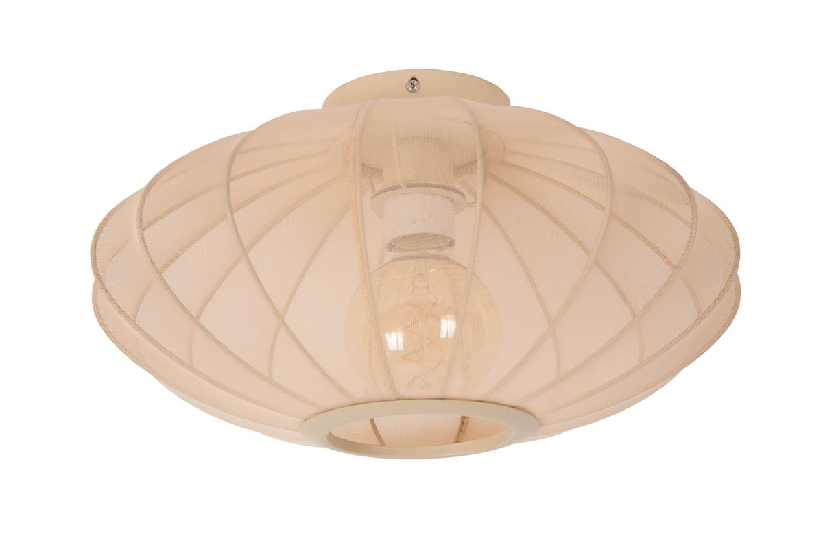Vue de face du plafonnier beige fixé au plafond, abat-jour en tissu tendu sur armature