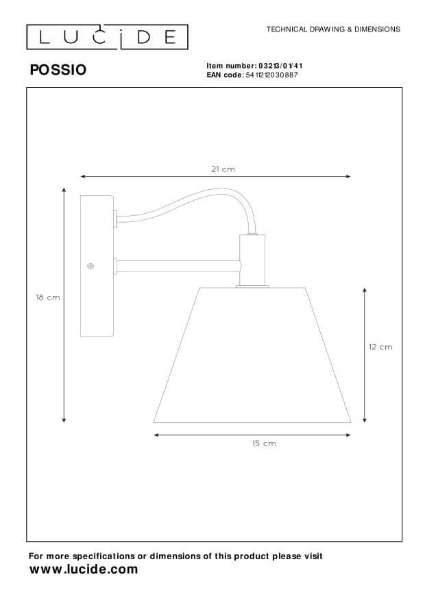 Schéma technique coté de l'applique murale avec dimensions en centimètres