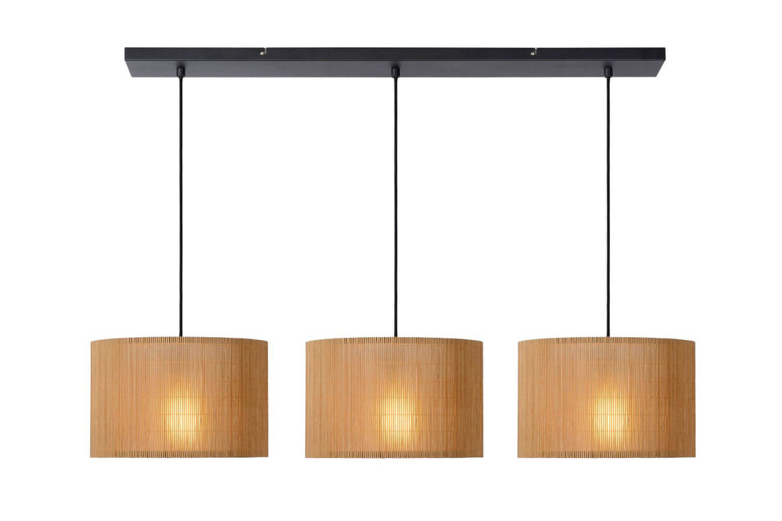 Suspension Magius 3 lumières bois clair et noire, rotin