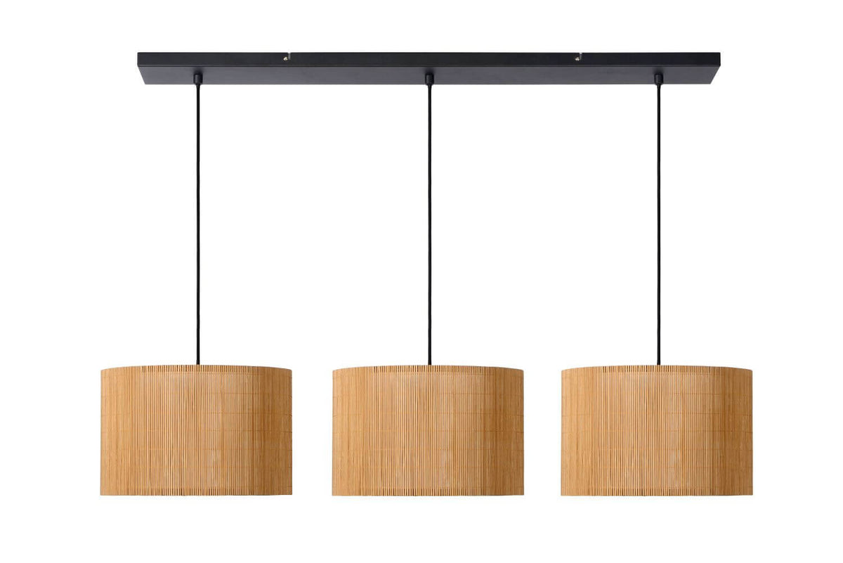 Suspension Magius 3 lumières bois clair et noire, rotin