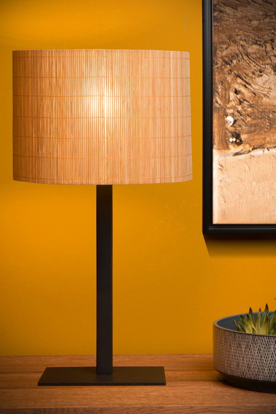 Lampe à poser Magius bois clair et noire, rotin