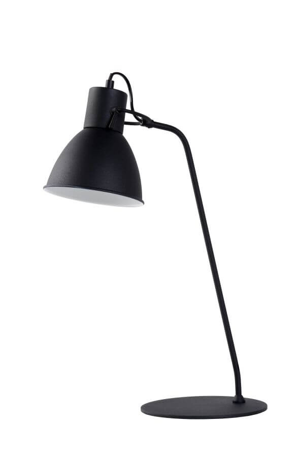 Profil de la lampe noire sur fond blanc, abat-jour éteint et socle plat