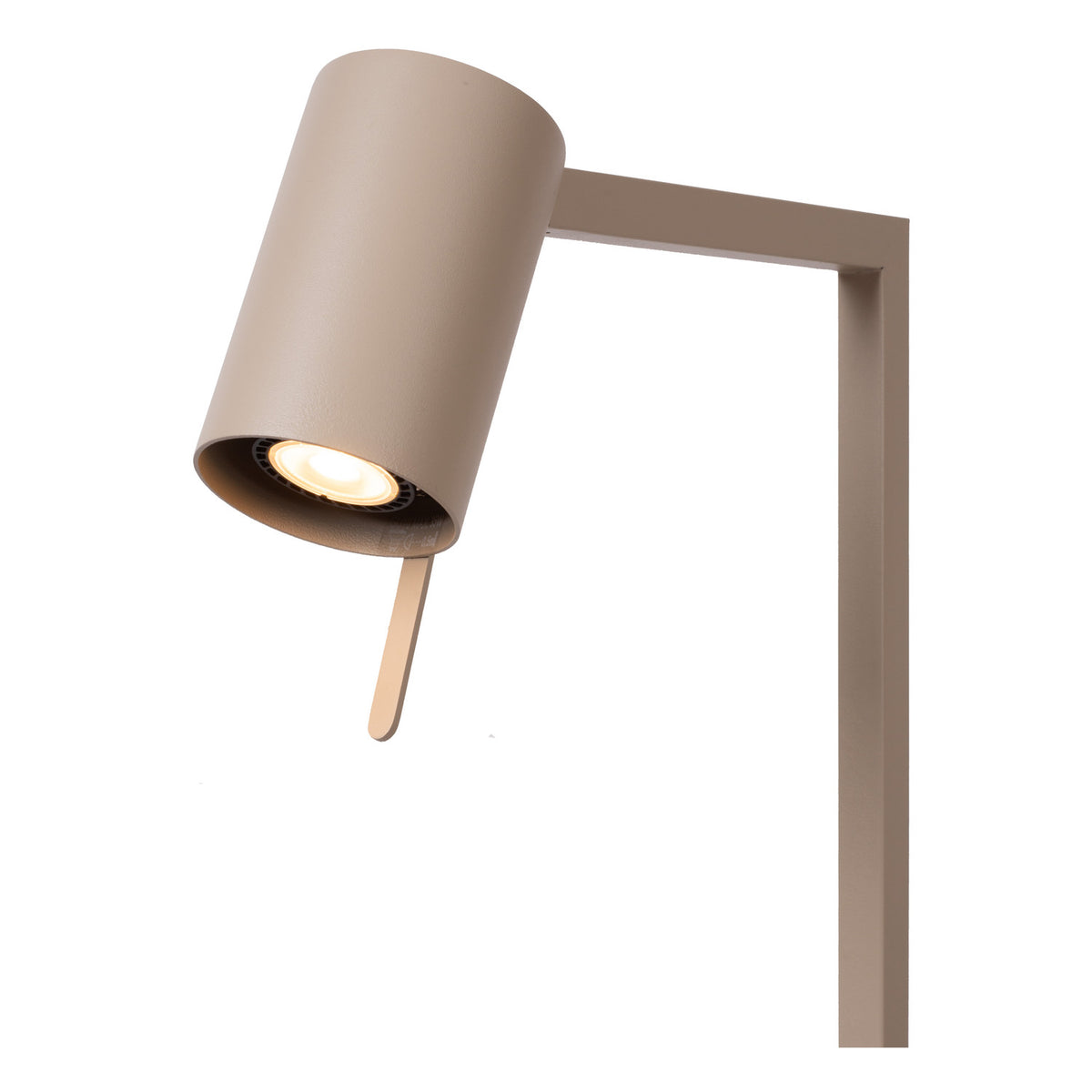 Gros plan sur la tête cylindrique, LED allumée et diffuseur orientable vers le bas