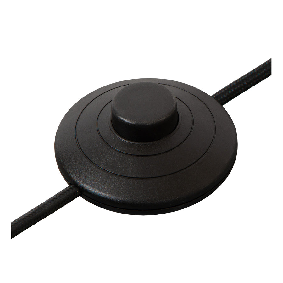 Gros plan sur l'interrupteur variateur rond noir monté sur câble tressé