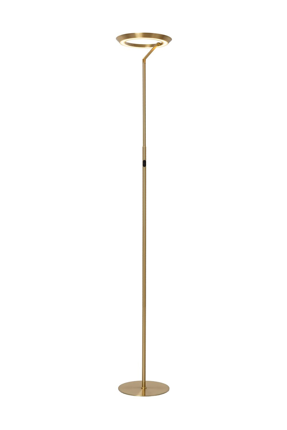 Lampadaire doré entier de face sur fond blanc, pied circulaire plat