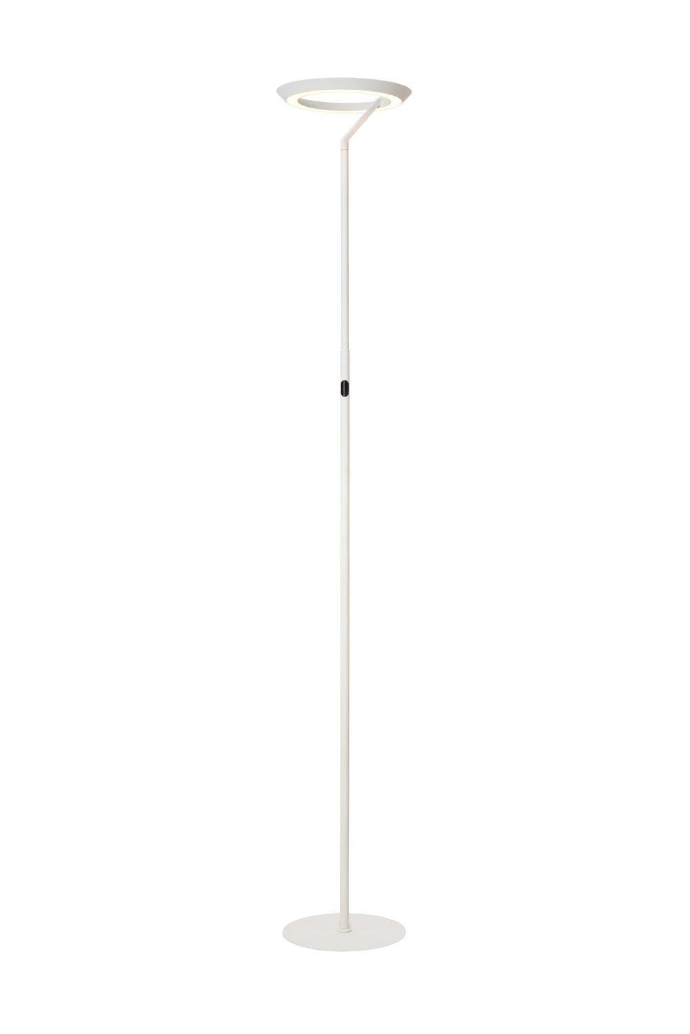 Lampadaire blanc entier présenté sur fond blanc, tête annulaire allumée