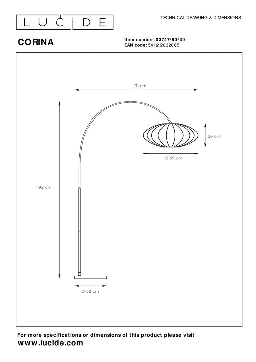Schéma technique avec dimensions du lampadaire Corina et de l'abat-jour.