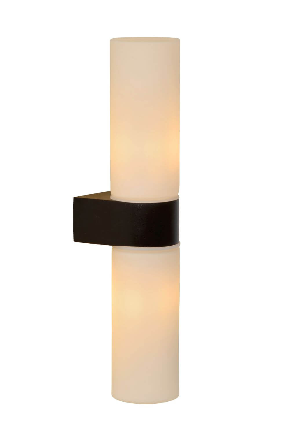 Produit seul allumé, cylindres de verre opale et bandeau central noir mat
