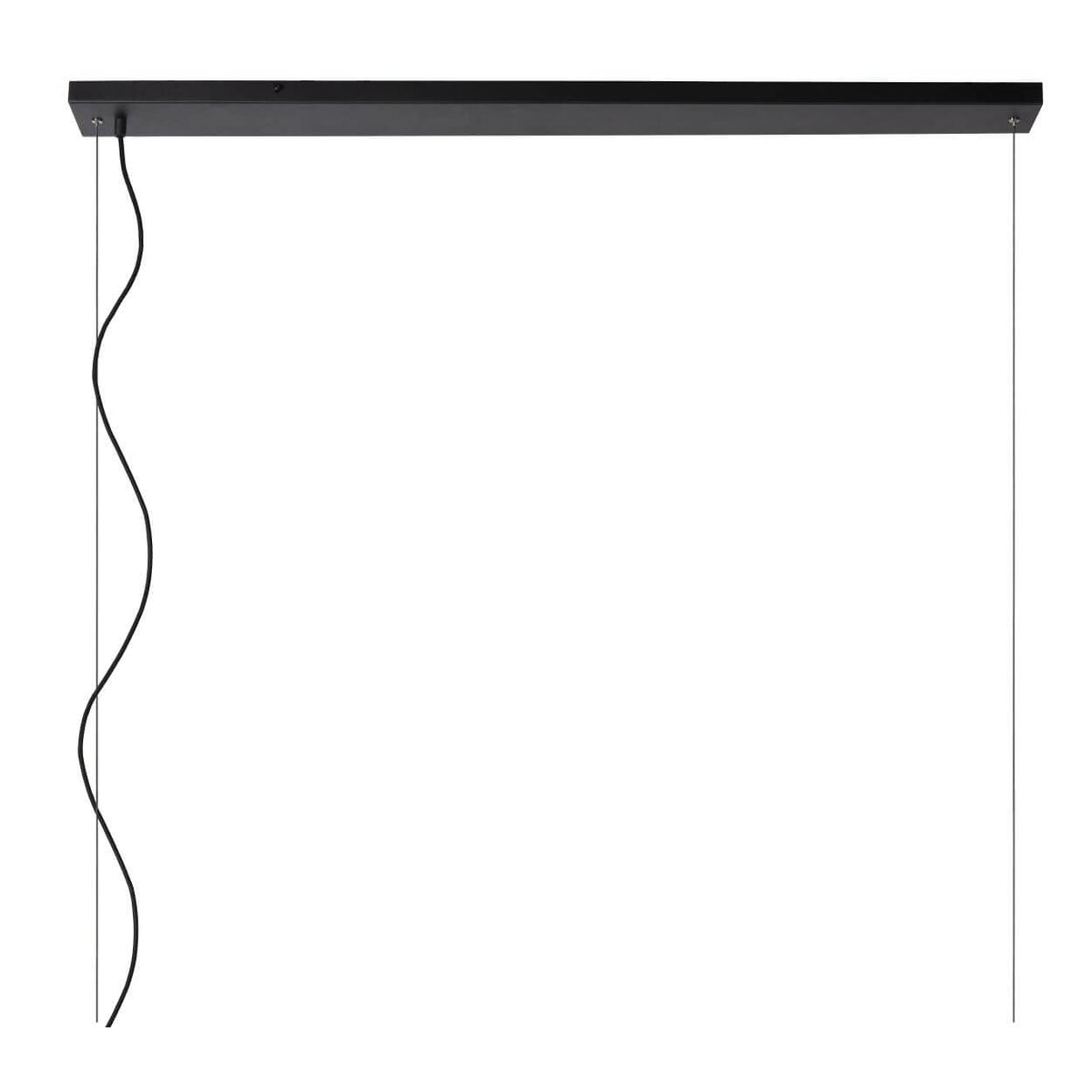 Détail du système de fixation au plafond avec rail noir et deux câbles de suspension.