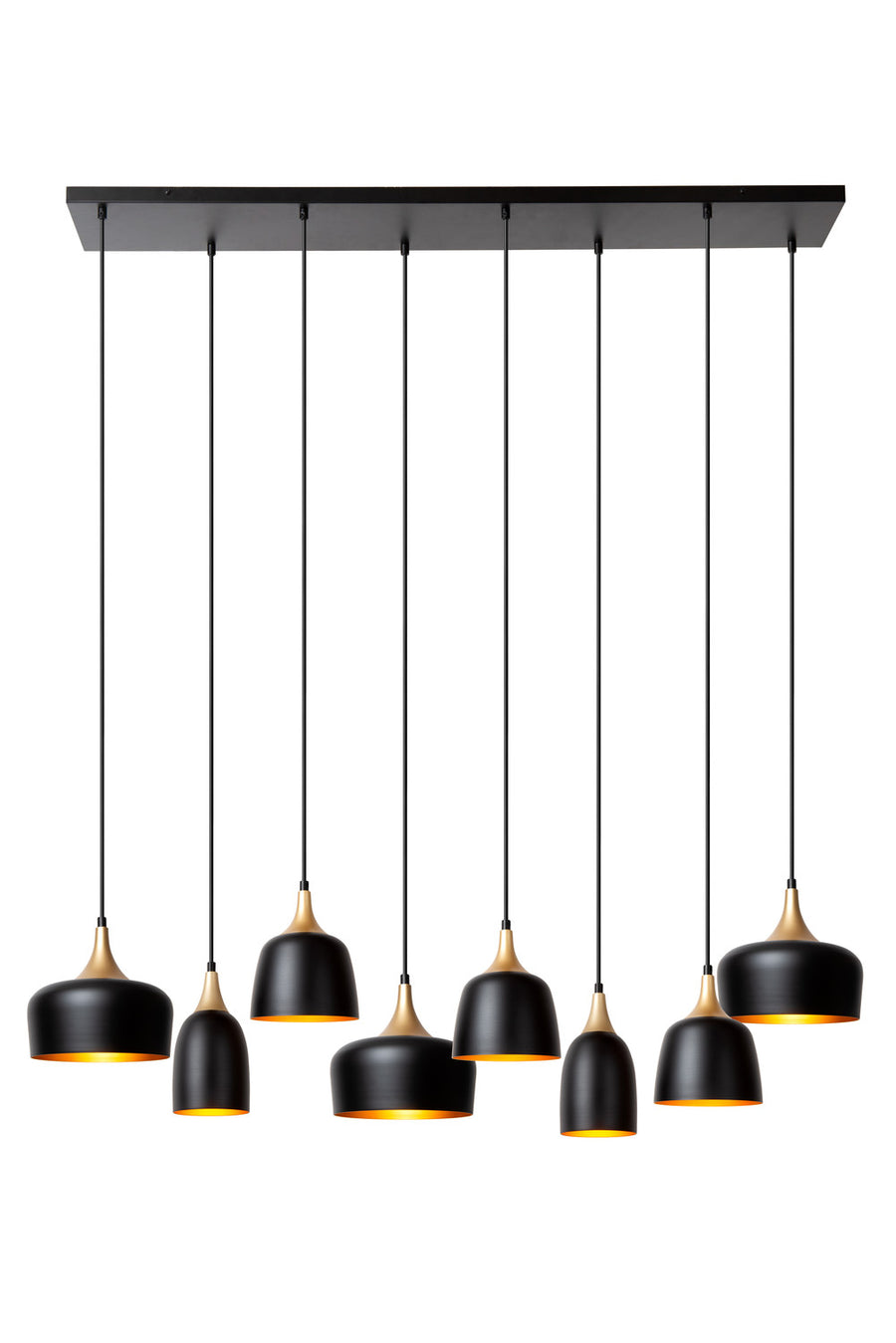Vue de face du luminaire, plateau rectangulaire et huit suspensions alignées