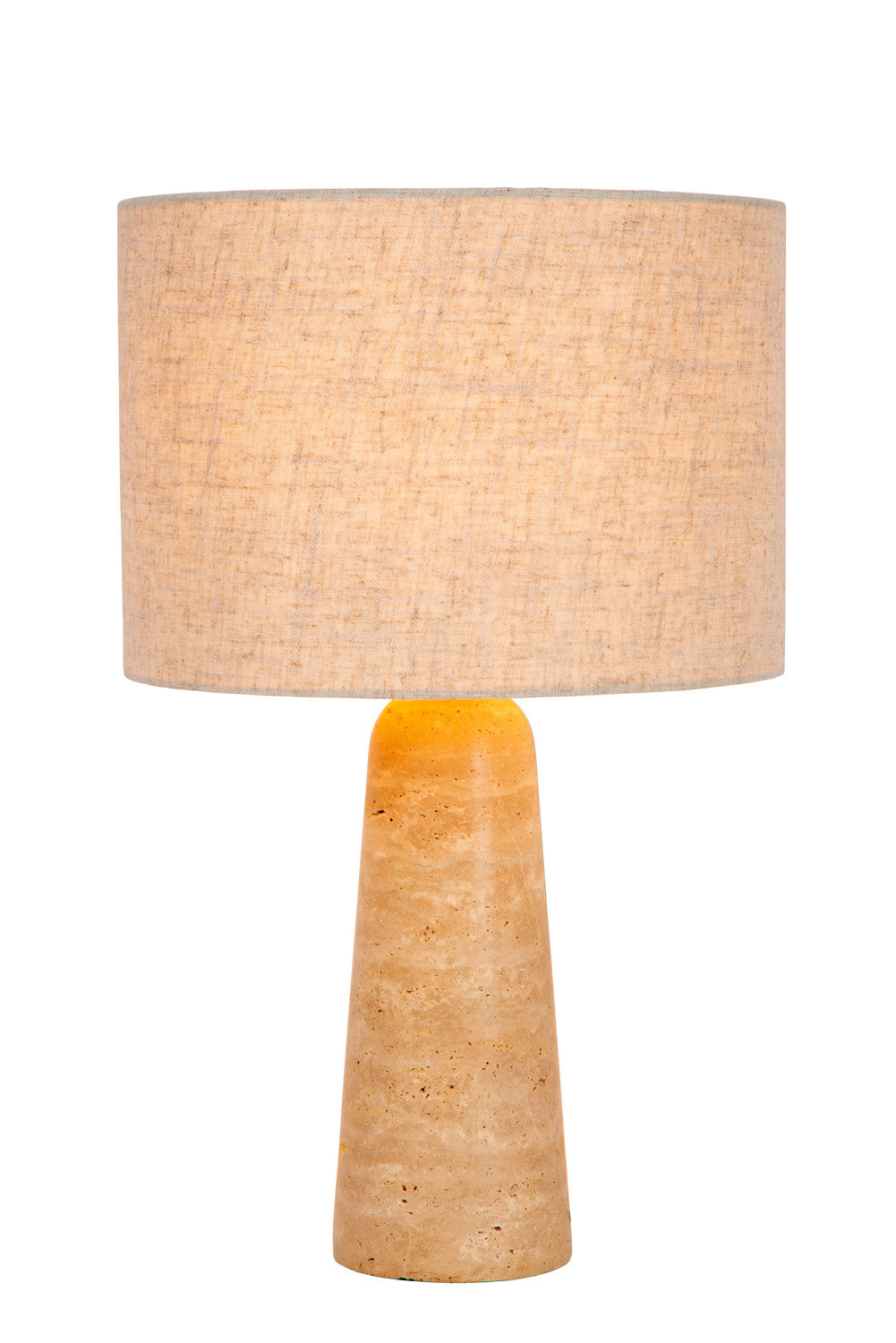 Produit de face sur fond blanc, abat-jour cylindrique et base conique en travertin