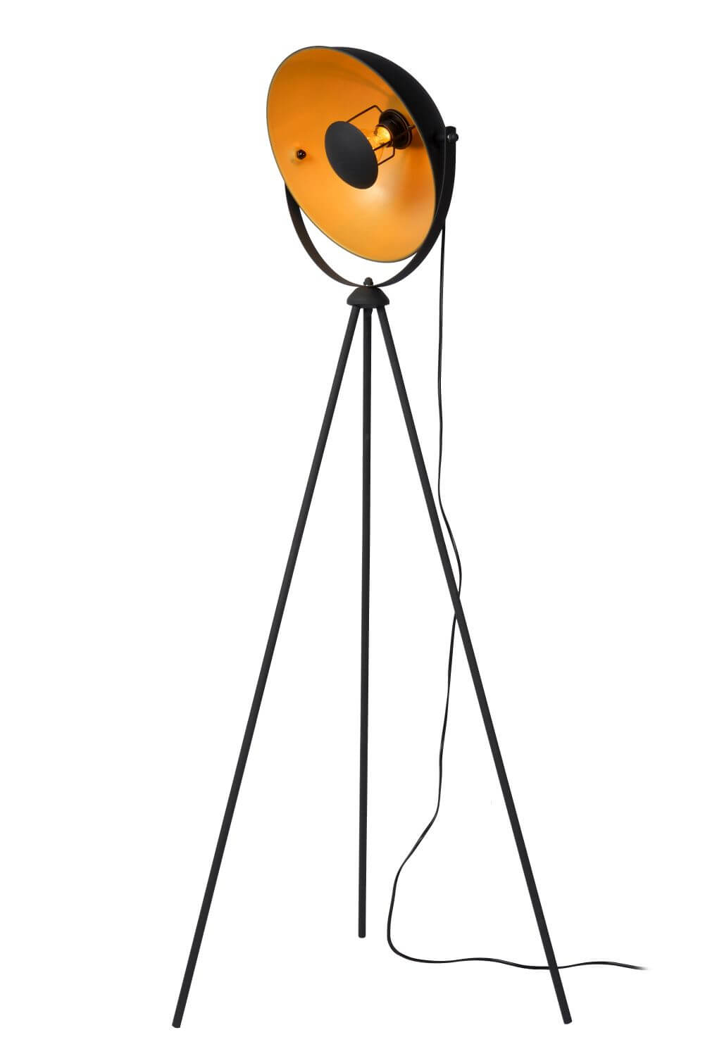 Produit de face sur fond blanc, lampadaire tripode complet avec ses trois pieds fins