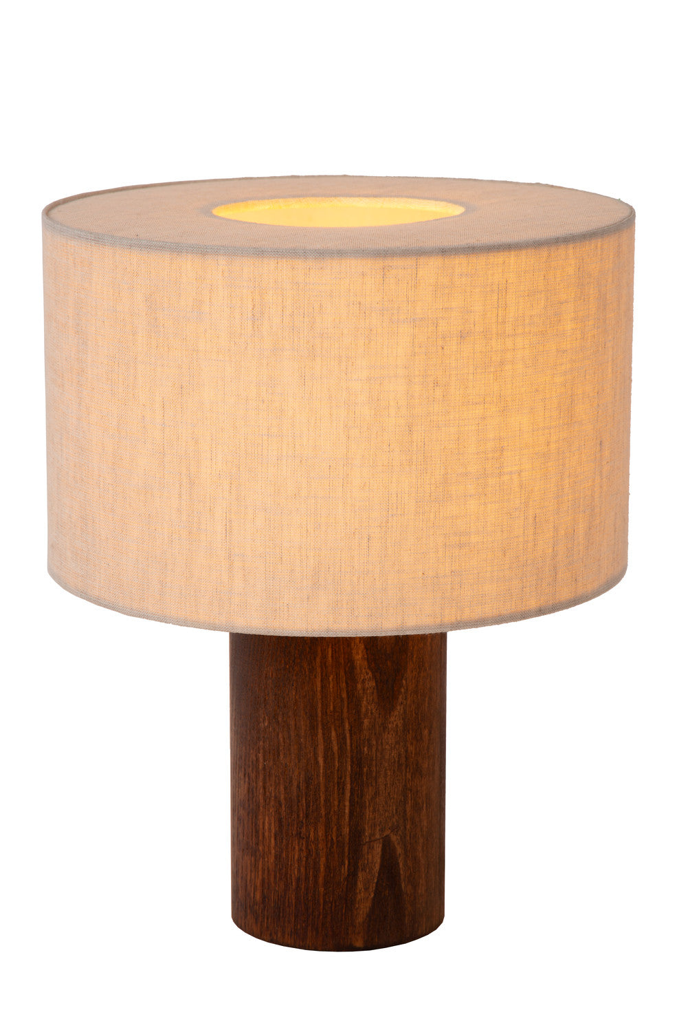 Produit de face sur fond blanc, abat-jour en lin allumé et socle en bois foncé