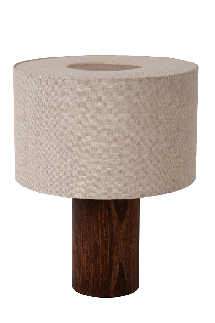 Luminaire présenté de face sur fond blanc, abat-jour éteint et pied cylindrique