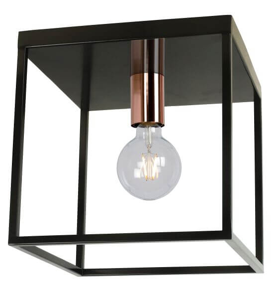 Vue de face du plafonnier cubique noir avec douille cuivrée et ampoule
