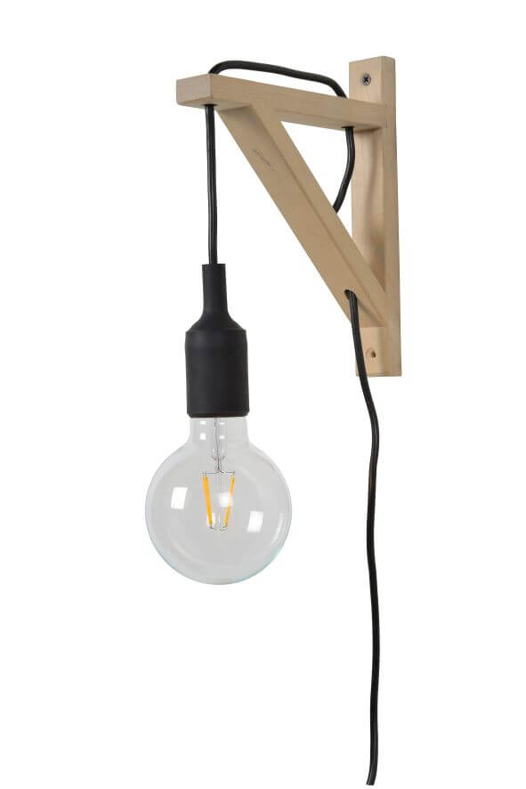 Vue de détail du support bois en triangle avec ampoule globe allumée et câble noir