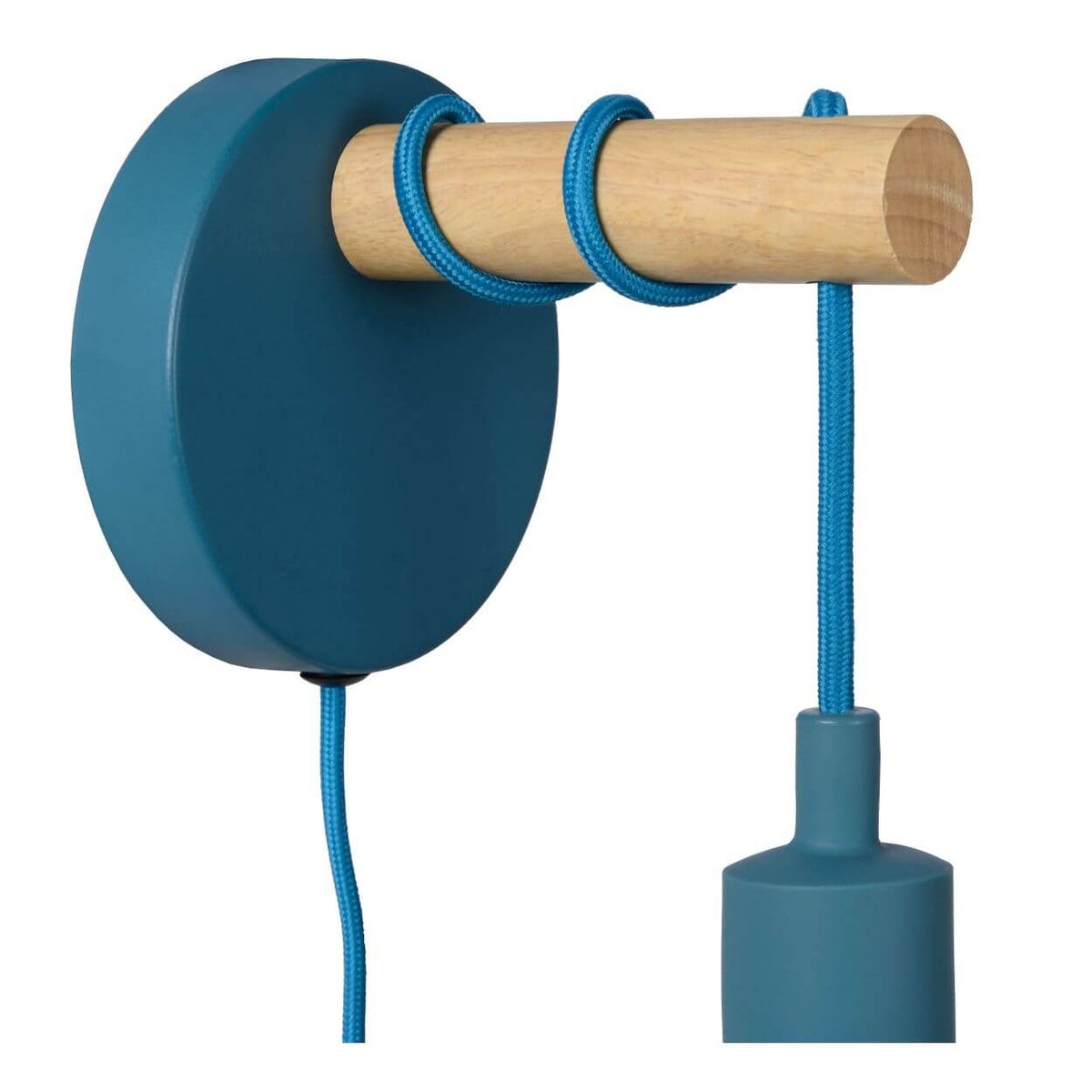 Produit de face sur fond blanc, socle rond bleu et cylindre en bois clair.