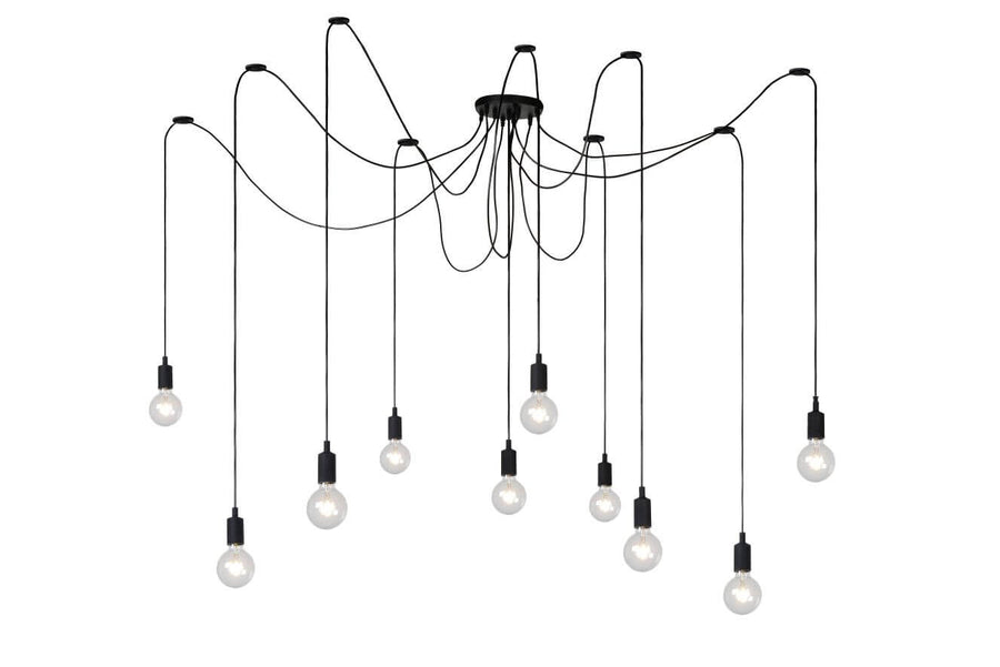 Vue de face du luminaire, dix câbles noirs et ampoules à hauteurs variables