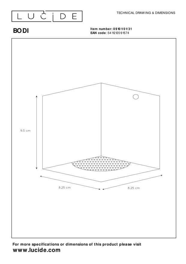 Schéma technique coté indiquant 9,5 cm de hauteur et 6,25 cm de côté