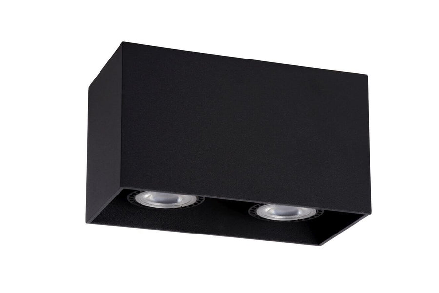 Autre angle du luminaire noir montrant les deux réflecteurs allumés sous le boîtier