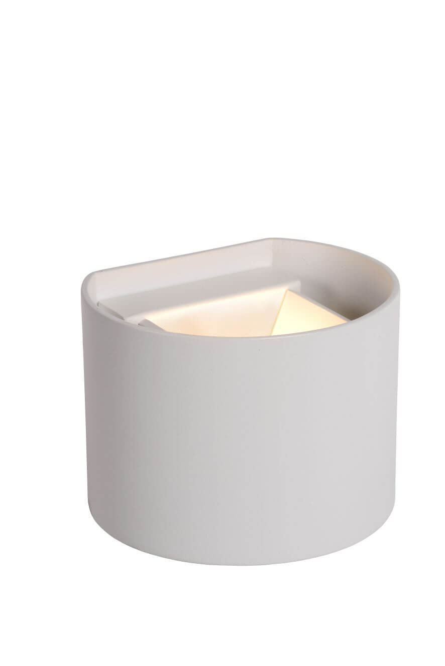 Vue plongeante sur l'applique cylindrique blanche et son diffuseur intérieur