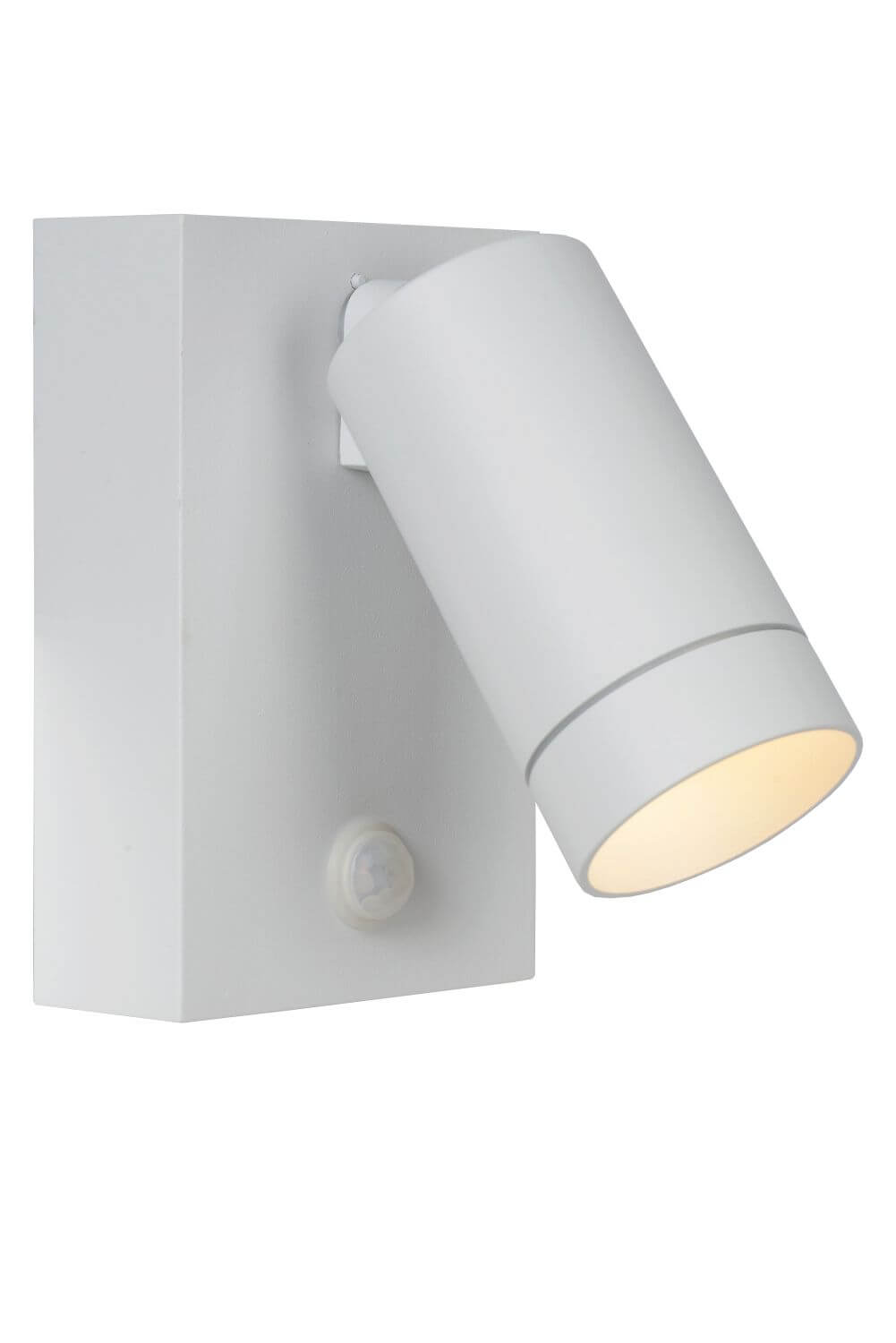 Vue de trois quarts du luminaire mural blanc avec tête inclinée et capteur.