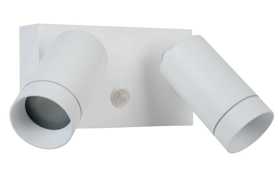 Détail du dessous du luminaire blanc, optiques éteintes et petit détecteur central