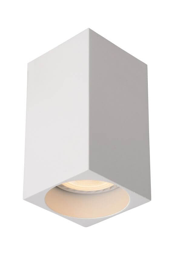 Vue de face du plafonnier blanc carré avec diffuseur LED rond en partie basse