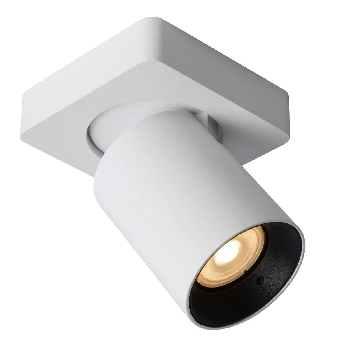 Plafonnier blanc incliné orientable avec embase carrée et ampoule allumée