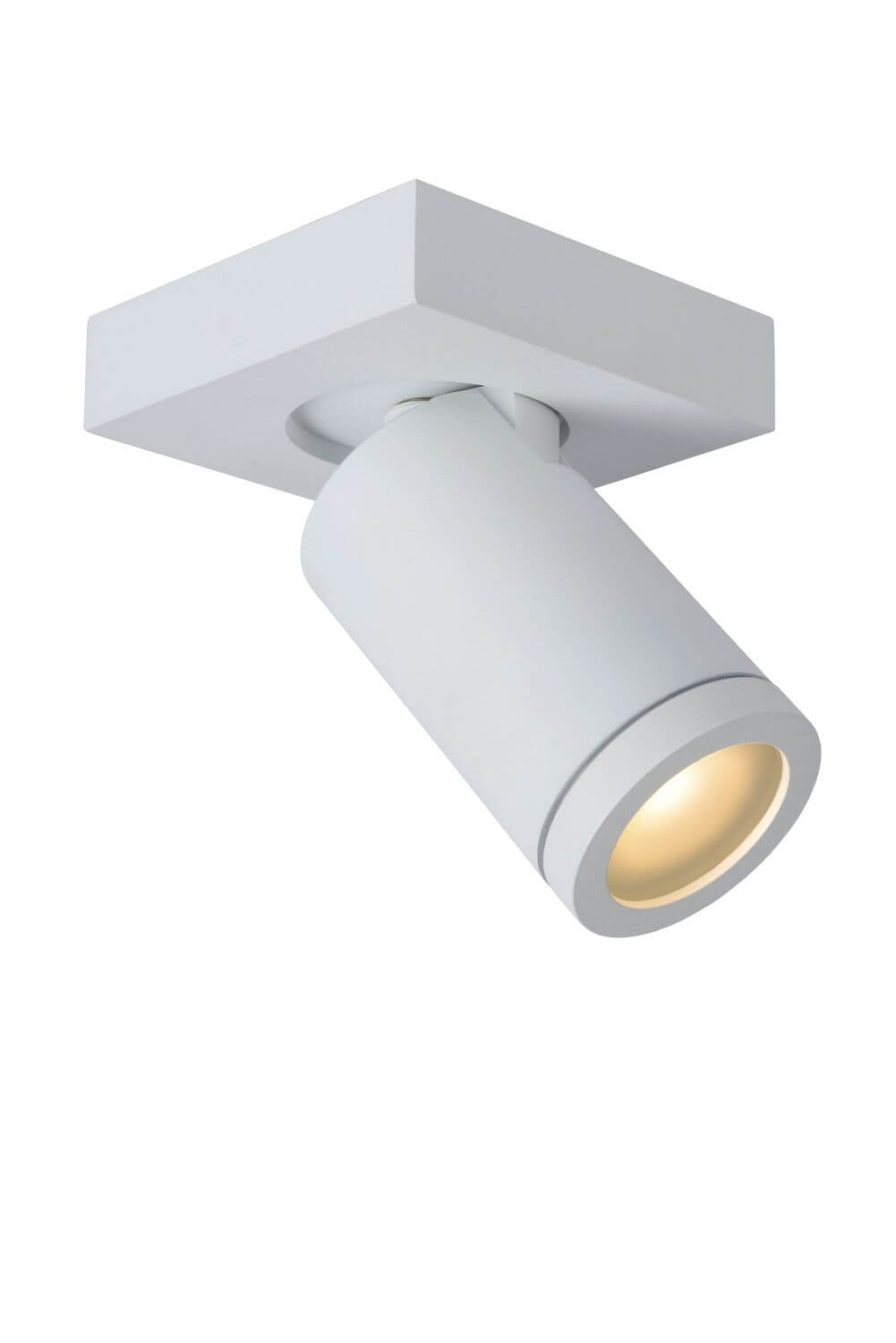Produit sur fond blanc, spot blanc orientable incliné, lumière chaude allumée