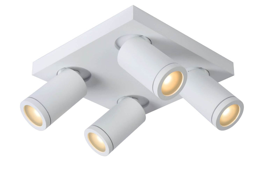Produit de face sur fond blanc, quatre projecteurs cylindriques éclairés et orientables