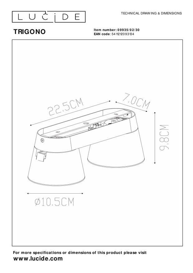 Schéma technique coté du plafonnier avec dimensions largeur, profondeur et diamètre.