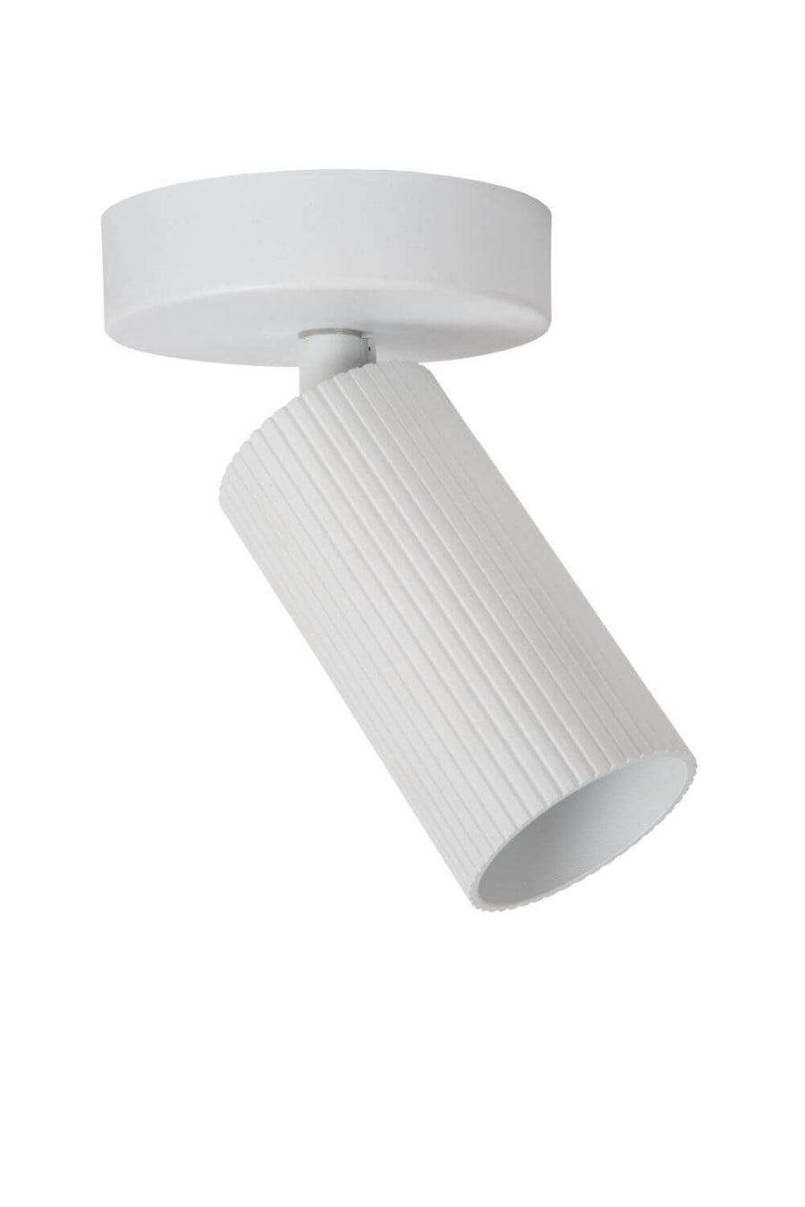 Vue en contre-plongée du plafonnier blanc, mettant en évidence le cylindre strié orientable.