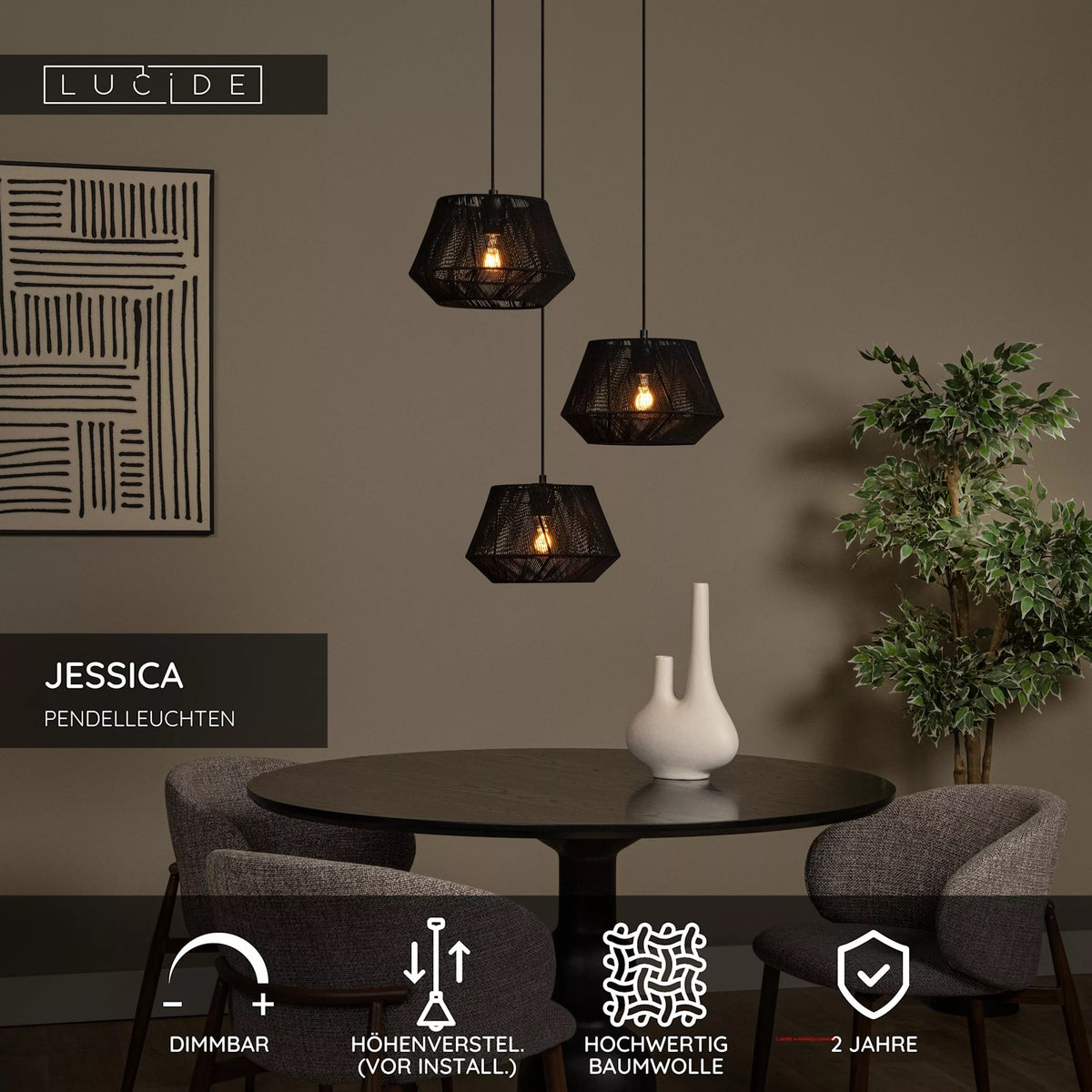 Suspension Jessica 3 lumières noire, coton