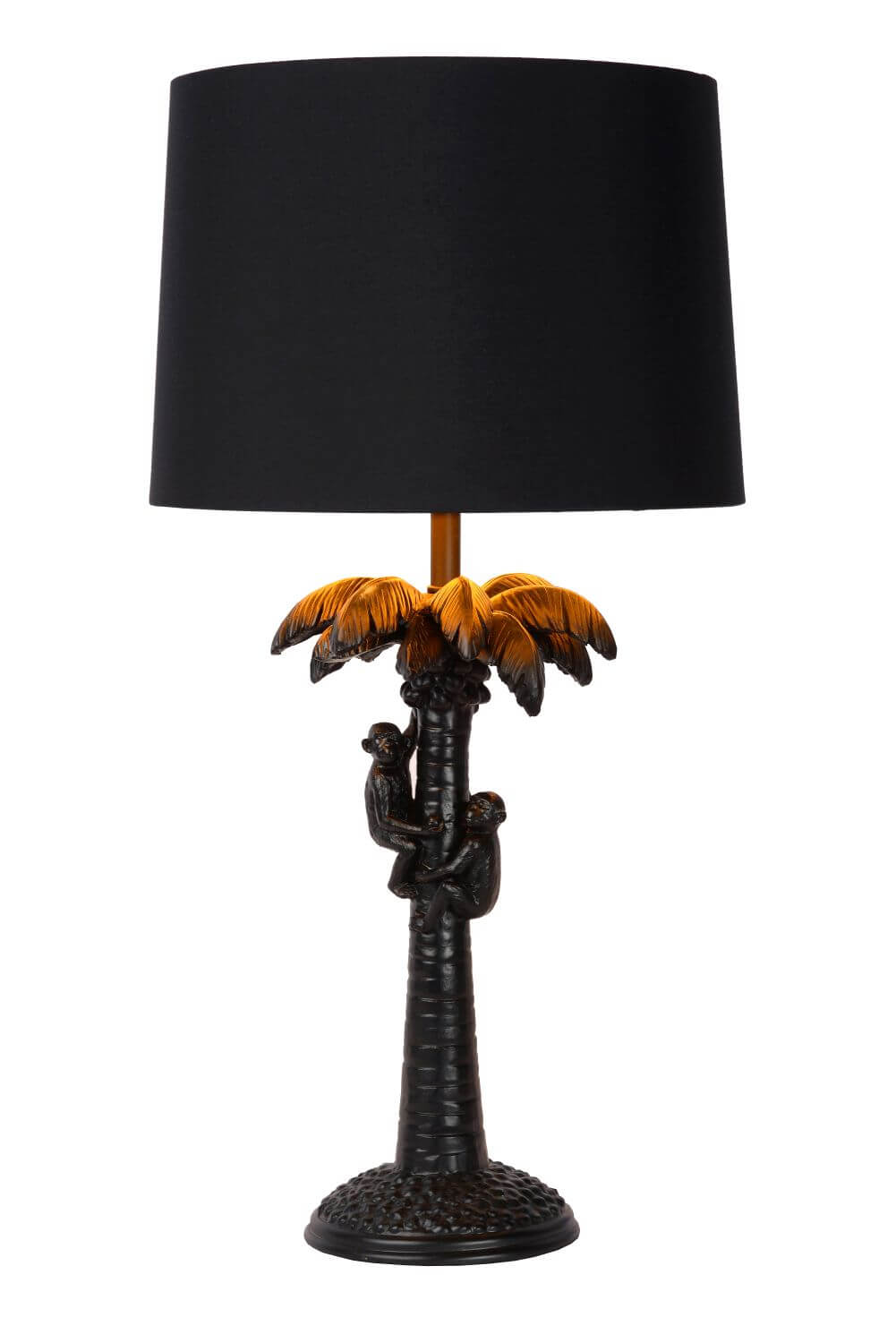Photo produit sur fond blanc, lampe de face avec palmier doré et singes