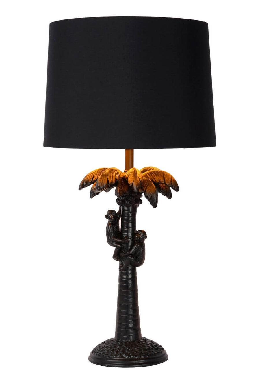 Photo produit sur fond blanc, lampe de face avec palmier doré et singes