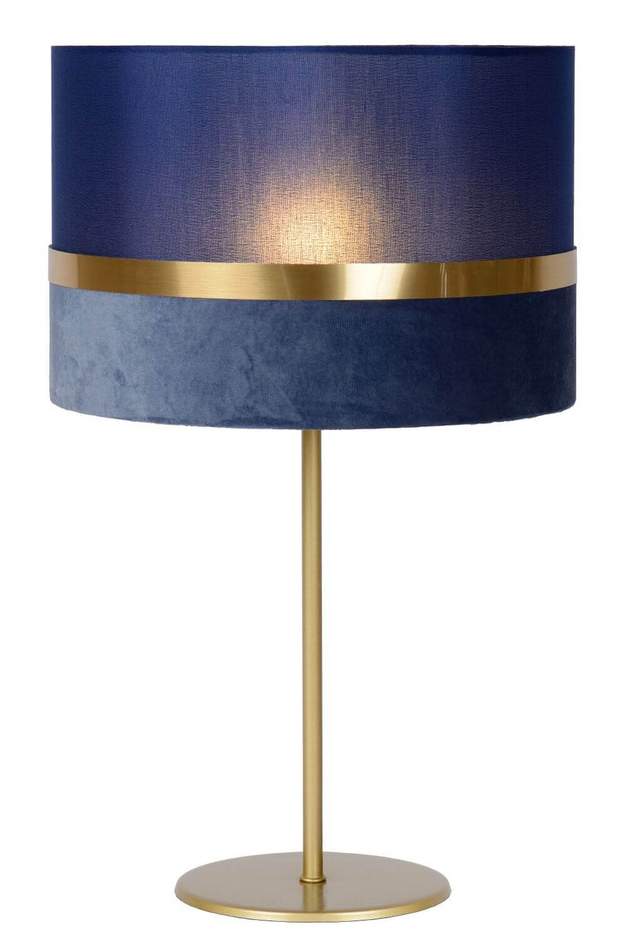Produit seul sur fond blanc, abat-jour cylindrique bleu et bandeau doré.