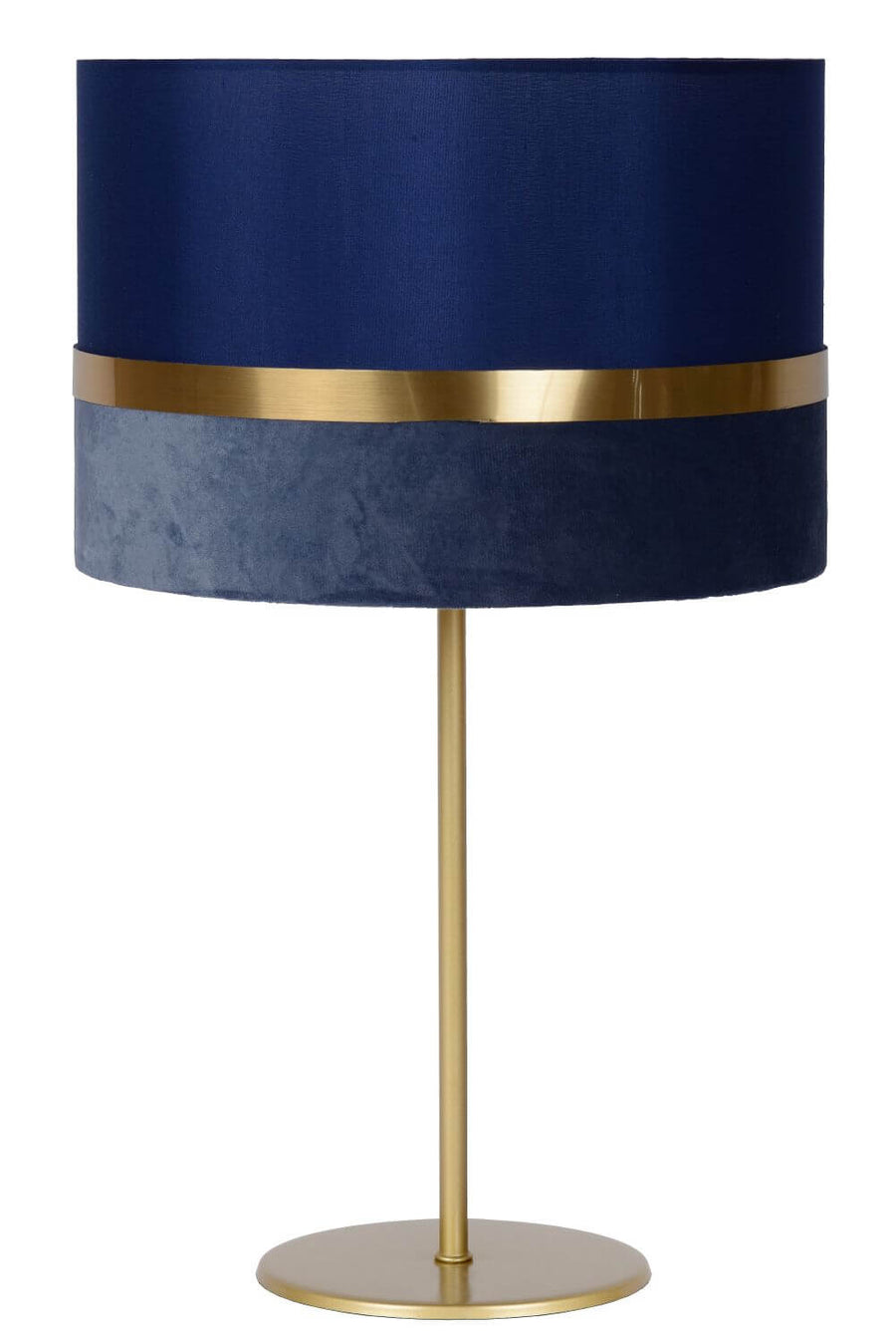 Détail de l'abat-jour en velours bleu avec cercle doré réfléchissant.