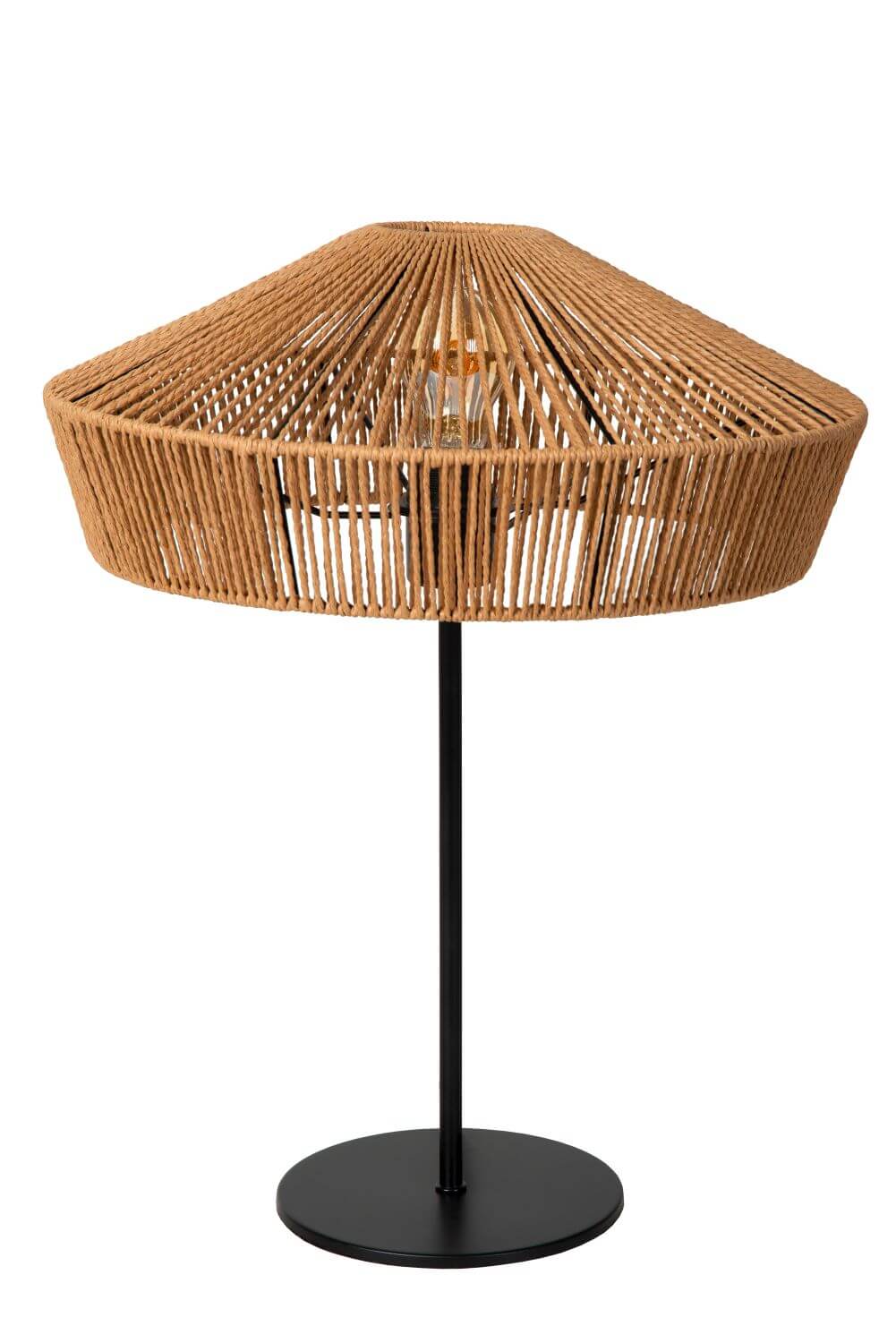 Vue de face du luminaire entier, cordage clair et base ronde noire